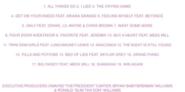 Nicki Minaj's The Pinkprint Tracklist Features Beyoncé, Drake, Ariana Grande, Lil Wayne, More
